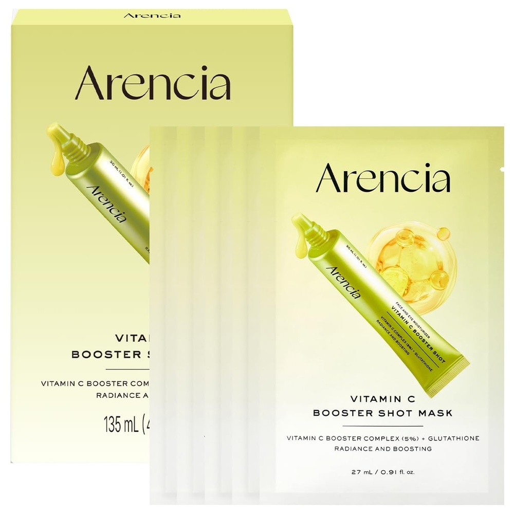 image:imageARENCIA Vitamin C Booster Sheet Mask Hydrating Face Mask with Glutathione amp Niacinamide Supports EvenLooking Skin Tone amp Smooth Texture 5 Sheets