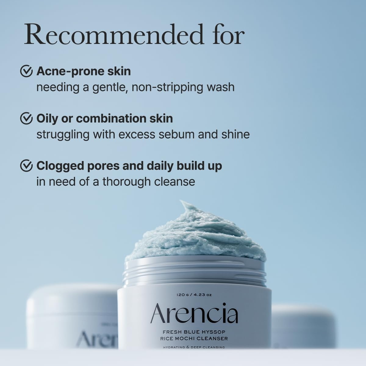 image:imageArencia Black Tea Rice Mochi Face Cleanser DeepCleansing Pore Care Sebum Control Oily Skin 120g 423 ozBlue Hyssop
